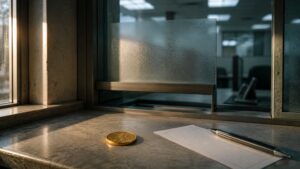 Gold coin on a bank teller counter beside a deposit slip and pen, illustrating the gold vs savings account comparison