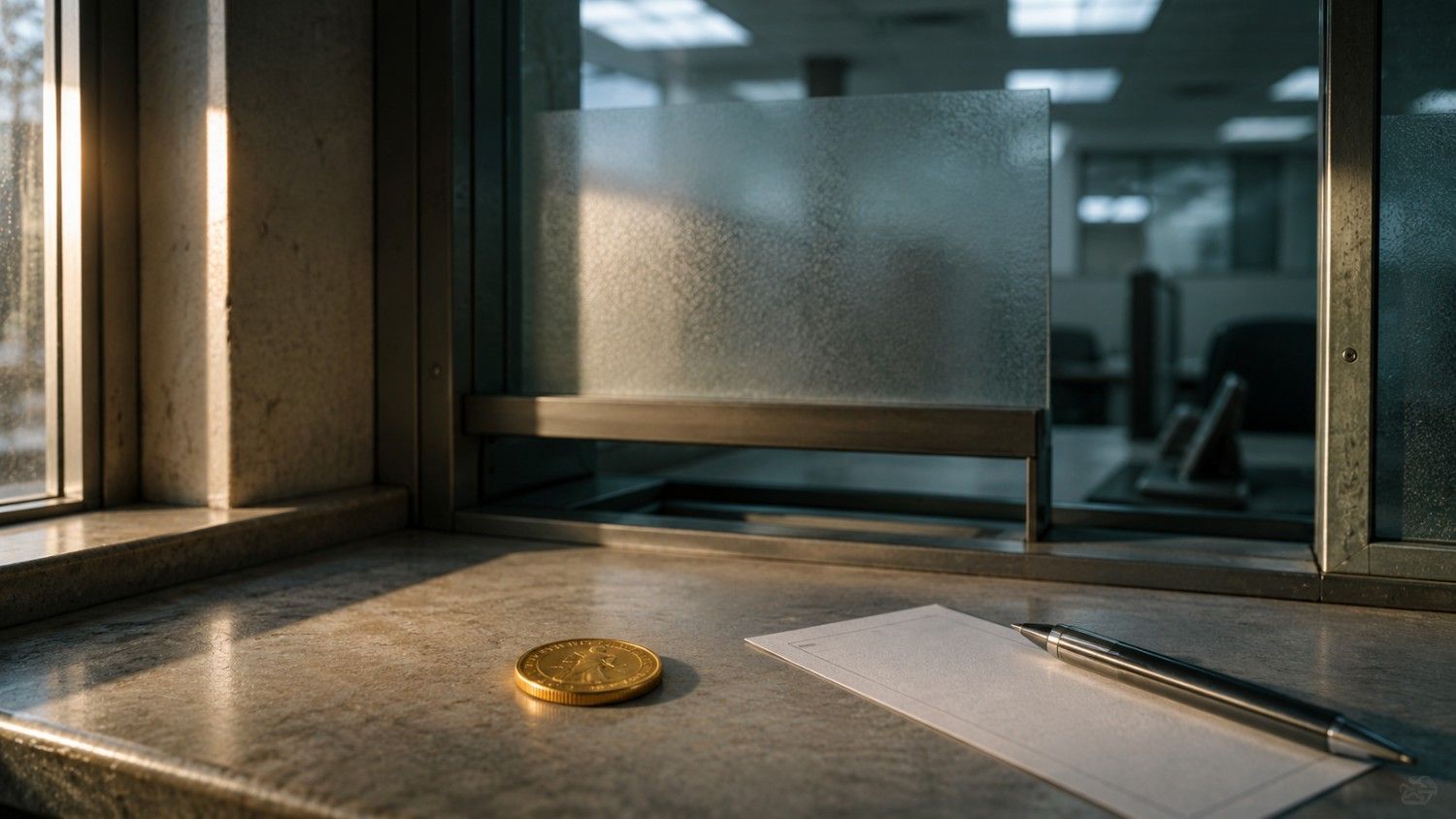 Gold coin on a bank teller counter beside a deposit slip and pen, illustrating the gold vs savings account comparison