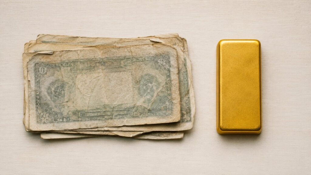 A stack of worn paper currency beside a matte gold bar, illustrating the contrast at the heart of government debt devaluation and dollar purchasing power loss.