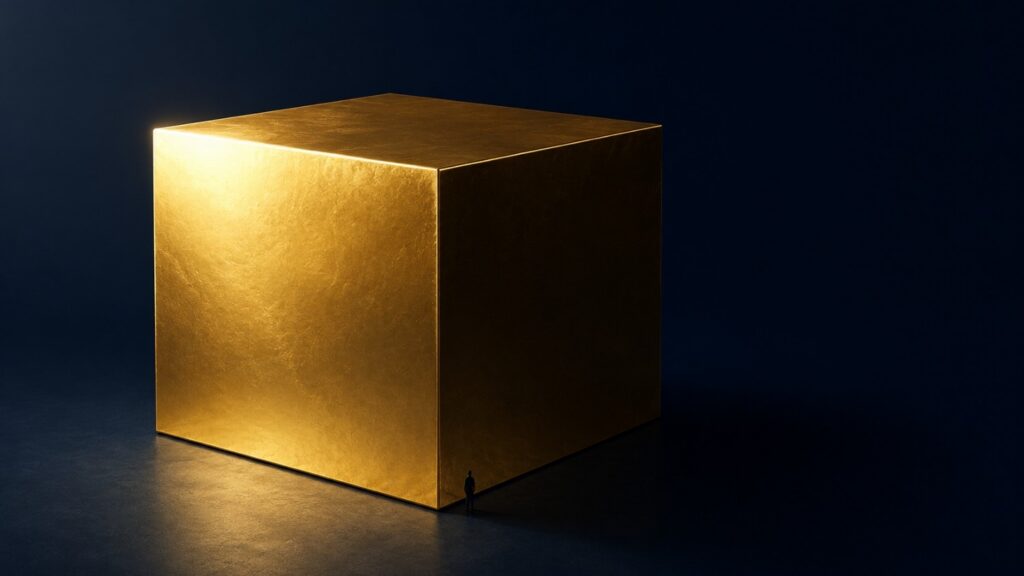 Gold cube representing all the gold ever mined in human history, with a small human silhouette for scale, against a dark navy background.