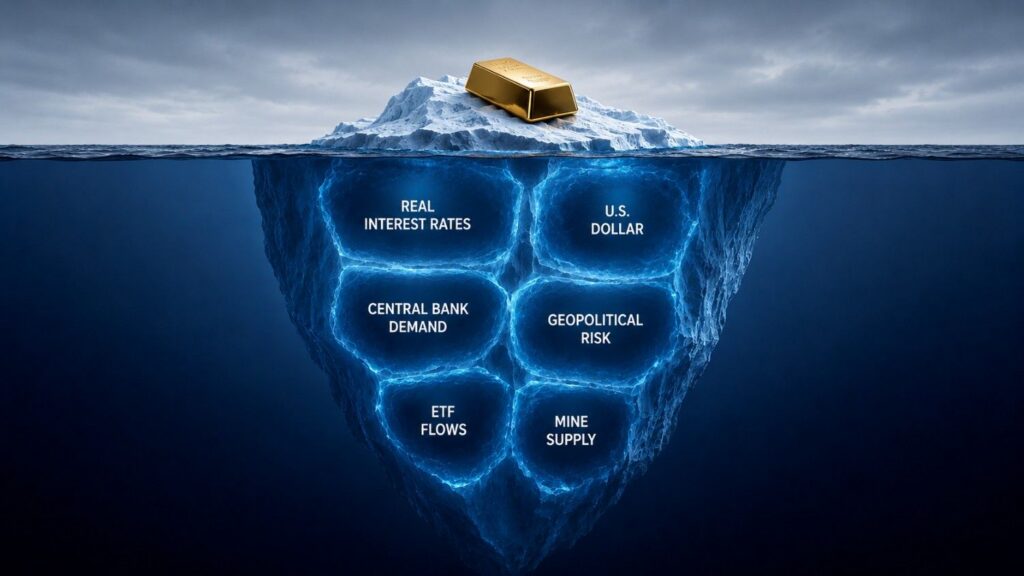 Iceberg diagram showing how gold prices are determined, with a gold bar above the waterline and six underwater forces labeled: real interest rates, U.S. dollar, central bank demand, geopolitical risk, ETF flows, and mine supply.