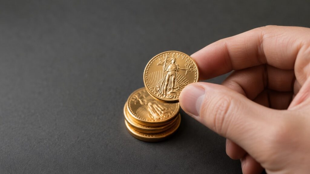 A hand placing an American Gold Eagle coin onto a small stack of gold coins on a matte gray surface — illustrating how much gold you should own by building a position gradually.