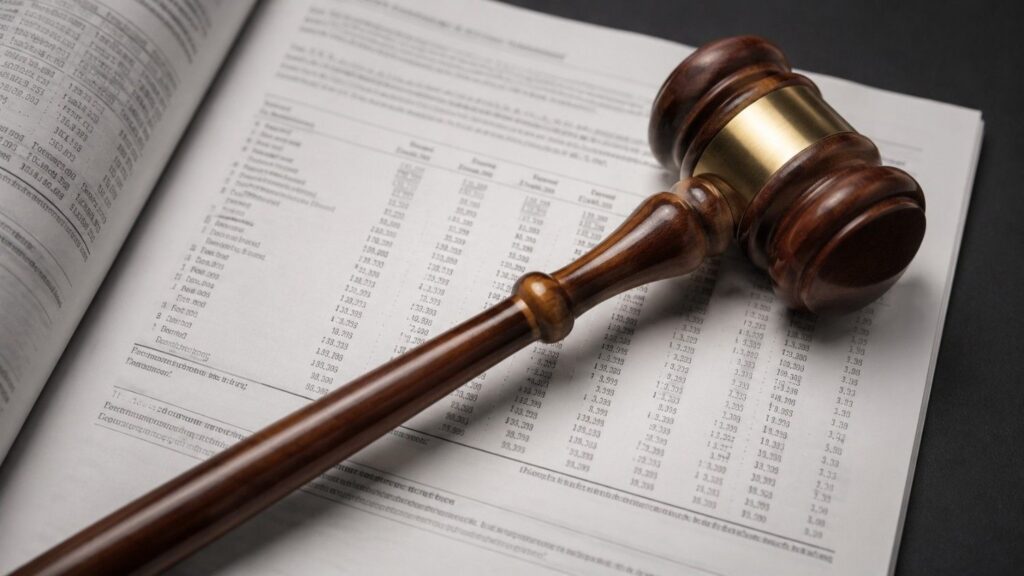 A wooden auction gavel with brass hardware resting across open financial documents showing columns of benchmark pricing data — representing how silver prices are set through the LBMA auction mechanism.