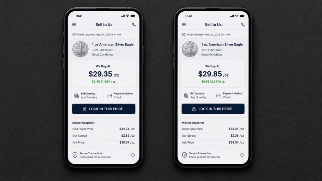 Two smartphones showing dealer buyback quotes for a 1 oz American Silver Eagle — $29.35 on the left versus $29.85 on the right — illustrating why comparing prices is essential when learning how to sell gold and silver.