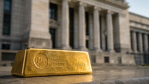 A 999.9 fine gold bar weighing 250 grams rests on stone steps in front of a neoclassical central bank building — is gold a high quality liquid asset