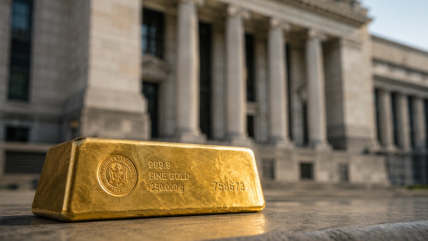 A 999.9 fine gold bar weighing 250 grams rests on stone steps in front of a neoclassical central bank building — is gold a high quality liquid asset
