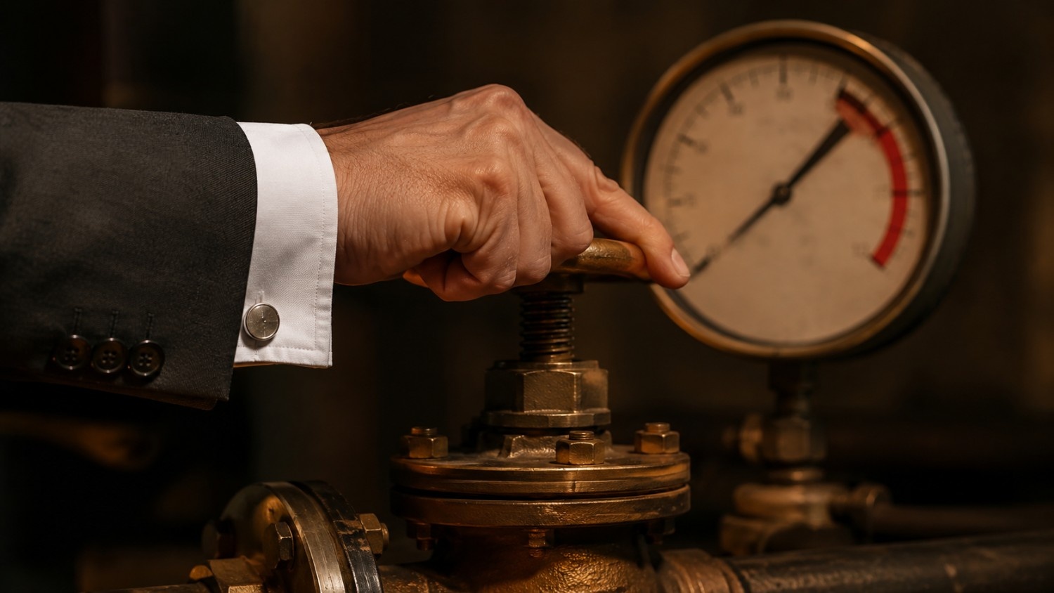 Suited hand turning a brass pressure valve with gauge in the red zone — is gold going lower as Fed policy tightens