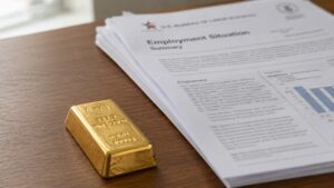 A 999.9 fine gold bullion bar resting on a wooden desk beside a printed US Bureau of Labor Statistics Employment Situation Summary report, illustrating how the jobs report moves gold price.