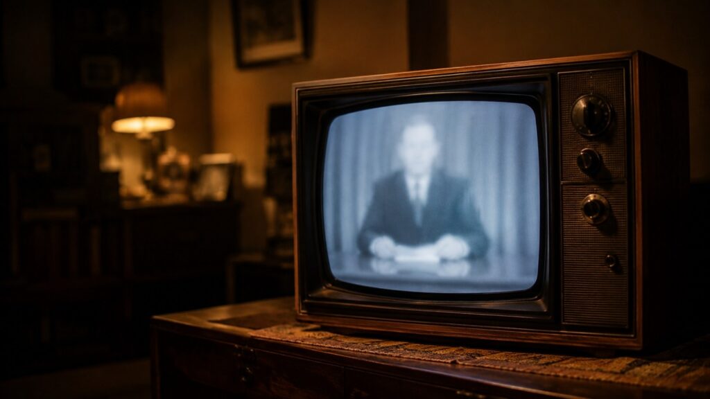 A vintage 1970s television set glowing in a dark room, evoking the Nixon Shock gold 1971 televised address that ended dollar-to-gold convertibility.
