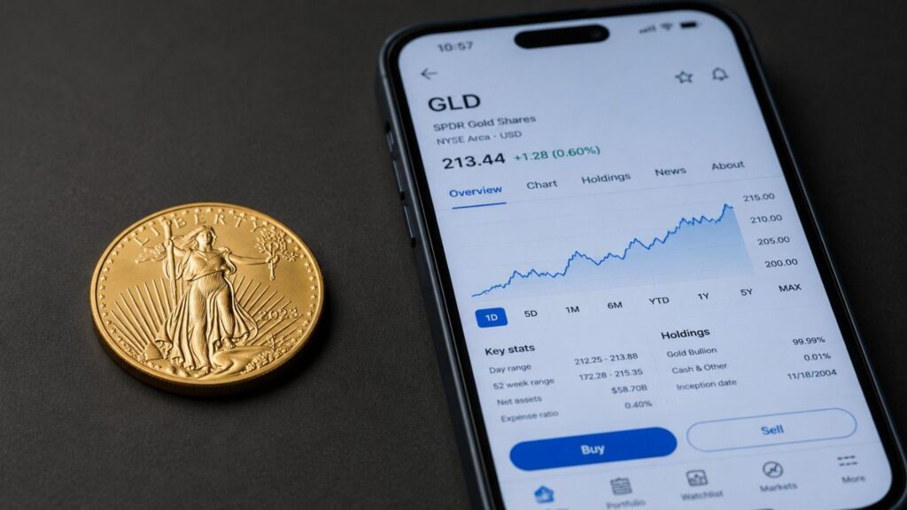 Physical gold vs gold ETF: a 2023 American Gold Eagle coin beside a smartphone displaying the GLD SPDR Gold Shares brokerage screen, showing price, expense ratio, and a buy button.