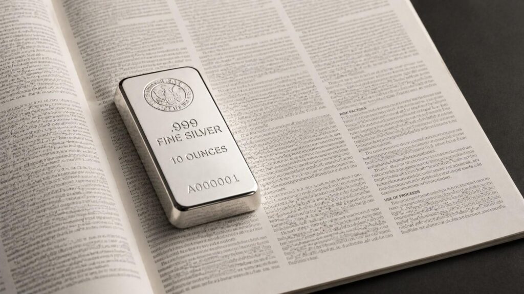 A 10-ounce .999 fine silver bar resting on an open financial prospectus — contrasting physical silver vs SLV, where a legal document governs what investors actually own.