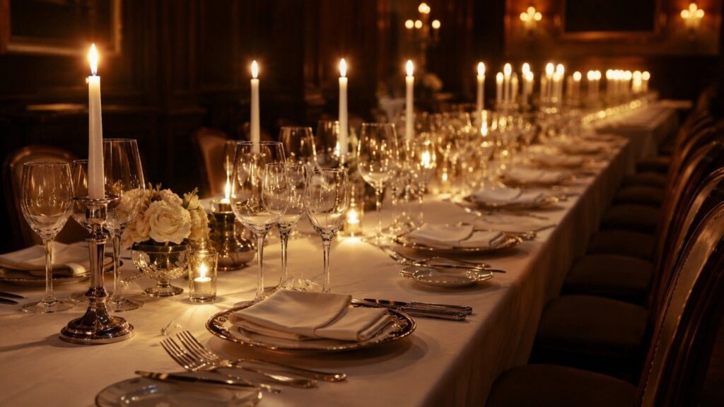 A formal dinner table set for many guests with candlelight and white linen, illustrating the purchasing power of gold through the Savoy Gold Ratio benchmark.