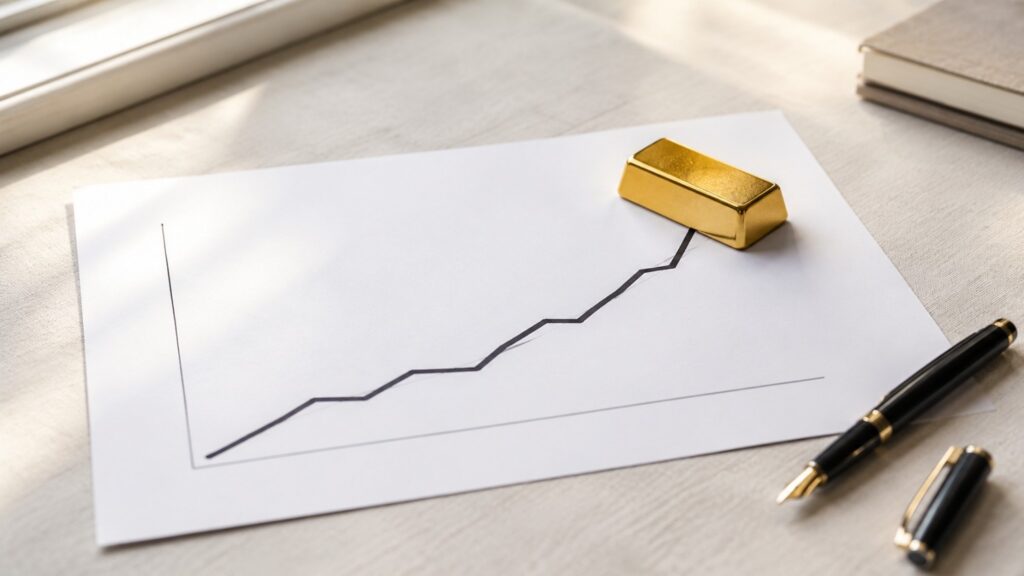A gold bar resting at the peak of a rising line chart, illustrating the relationship between quantitative easing and gold price performance across Fed QE programs.