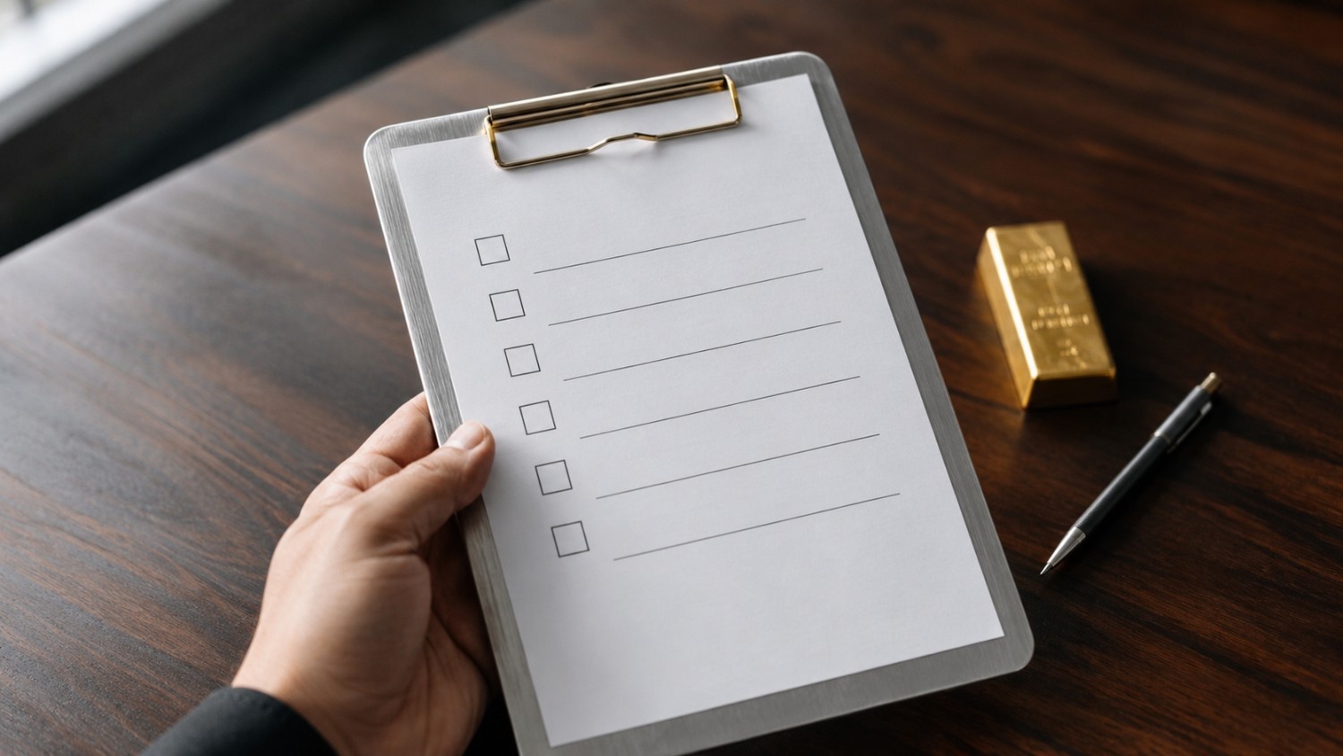Investor holding a checklist clipboard on a dark wood desk beside a gold bullion bar and pen — questions to ask a gold storage provider before committing to vault storage