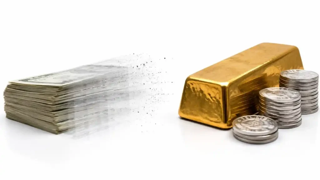 Stack of dollar bills dissolving into dust next to a gold bar and silver coins — real wealth vs paper wealth