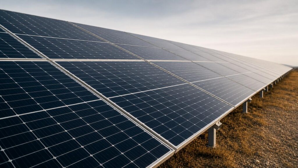 Rows of utility-scale solar panels at a ground-mount solar farm — photovoltaics are the largest single driver of silver industrial demand, accounting for 29% of industrial consumption in 2024.