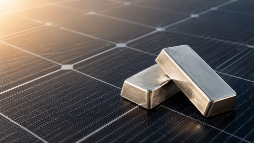 Two polished silver bullion bars resting on a dark monocrystalline solar panel surface, lit by warm golden-hour sunlight — illustrating silver industrial demand in photovoltaic manufacturing.