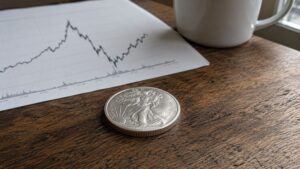 Silver American Eagle coin resting on a wooden desk beside a printed price chart and white coffee mug — silver price outlook June 2026