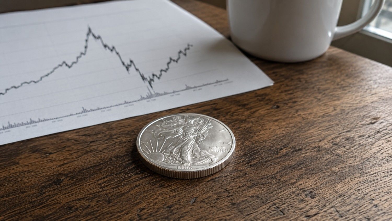 Silver American Eagle coin resting on a wooden desk beside a printed price chart and white coffee mug — silver price outlook June 2026