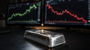 A polished silver bar on a dark trading desk with two monitors in soft focus behind it — one showing a green upward price chart, one showing a red declining chart — illustrating silver price today and the dual forces of the Iran deal bid and FOMC reassertion driving the intraday whipsaw on June 18, 2026