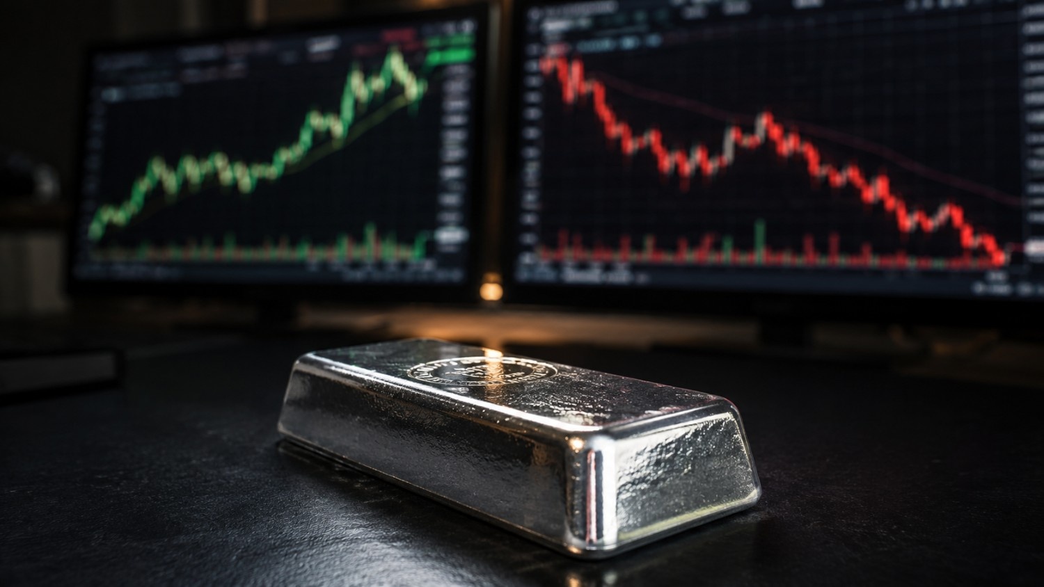 A polished silver bar on a dark trading desk with two monitors in soft focus behind it — one showing a green upward price chart, one showing a red declining chart — illustrating silver price today and the dual forces of the Iran deal bid and FOMC reassertion driving the intraday whipsaw on June 18, 2026