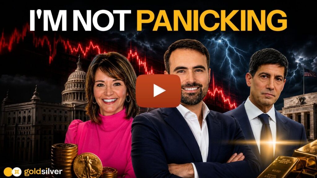 GoldSilver anchor Maggie Lake and macro strategist Tavi Costa discuss whether the silver rally is over after the Warsh selloff, with gold bars and a declining price chart in the background.