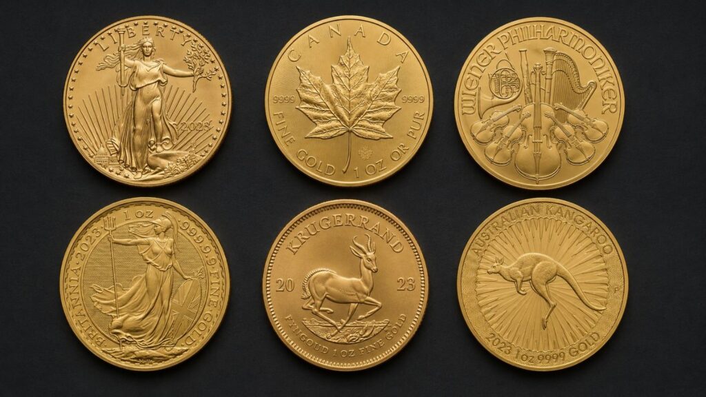 Six sovereign gold coins arranged in two rows: American Gold Eagle, Canadian Gold Maple Leaf, Austrian Gold Philharmonic (top row); Gold Britannia, South African Krugerrand, and Australian Gold Kangaroo (bottom row).