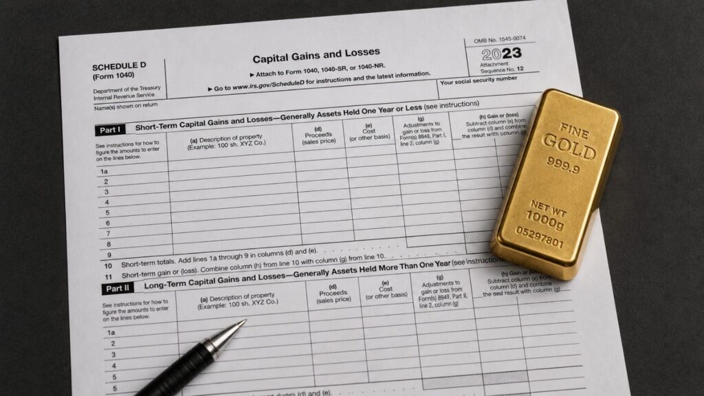 A 1000g fine gold bar and a pen resting on an IRS Schedule D Capital Gains and Losses form — illustrating the tax on selling gold at the 28% collectibles rate.