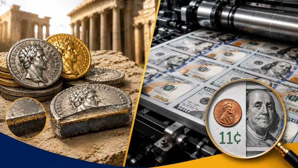 Seigniorage explained: ancient Roman silver and gold coins showing debasement layers alongside a modern currency printing press with an 11-cent coin beside a $100 bill