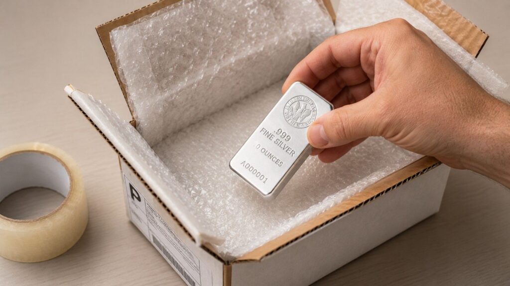 A hand placing a .999 fine silver bar into a bubble-wrap lined shipping box with a prepaid label and packing tape — illustrating where to sell silver online by shipping bullion safely to a dealer.