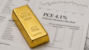 A 1000g fine gold bullion bar resting on a Personal Consumption Expenditures report showing PCE inflation at 4.1% — illustrating why gold went up today despite elevated inflation data.