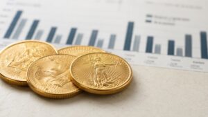 Gold coins resting on a financial bar chart, illustrating why strong GDP data affects the gold price