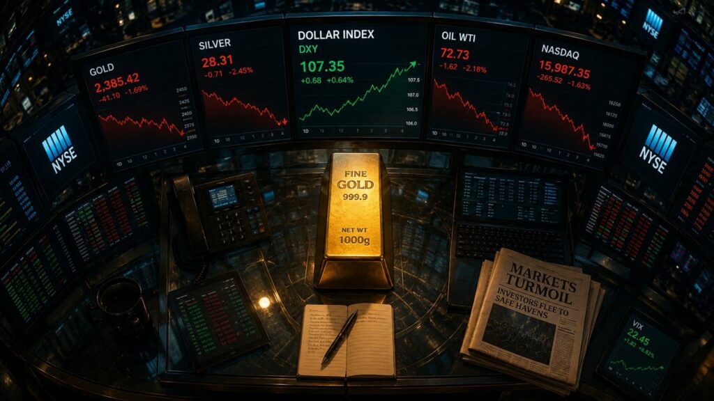 A 1000g fine gold bar sits on a trading desk surrounded by NYSE screens showing gold, silver, the Dollar Index, oil, and the Nasdaq all in the red — illustrating why gold is falling today alongside a broader market selloff.