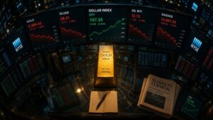 A 1000g fine gold bar sits on a trading desk surrounded by NYSE screens showing gold, silver, the Dollar Index, oil, and the Nasdaq all in the red — illustrating why gold is falling today alongside a broader market selloff.