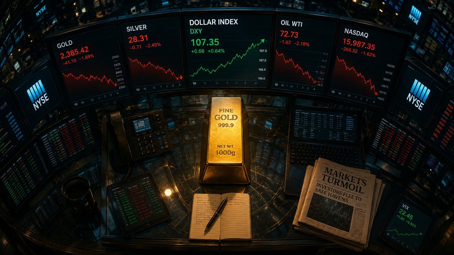 A 1000g fine gold bar sits on a trading desk surrounded by NYSE screens showing gold, silver, the Dollar Index, oil, and the Nasdaq all in the red — illustrating why gold is falling today alongside a broader market selloff.