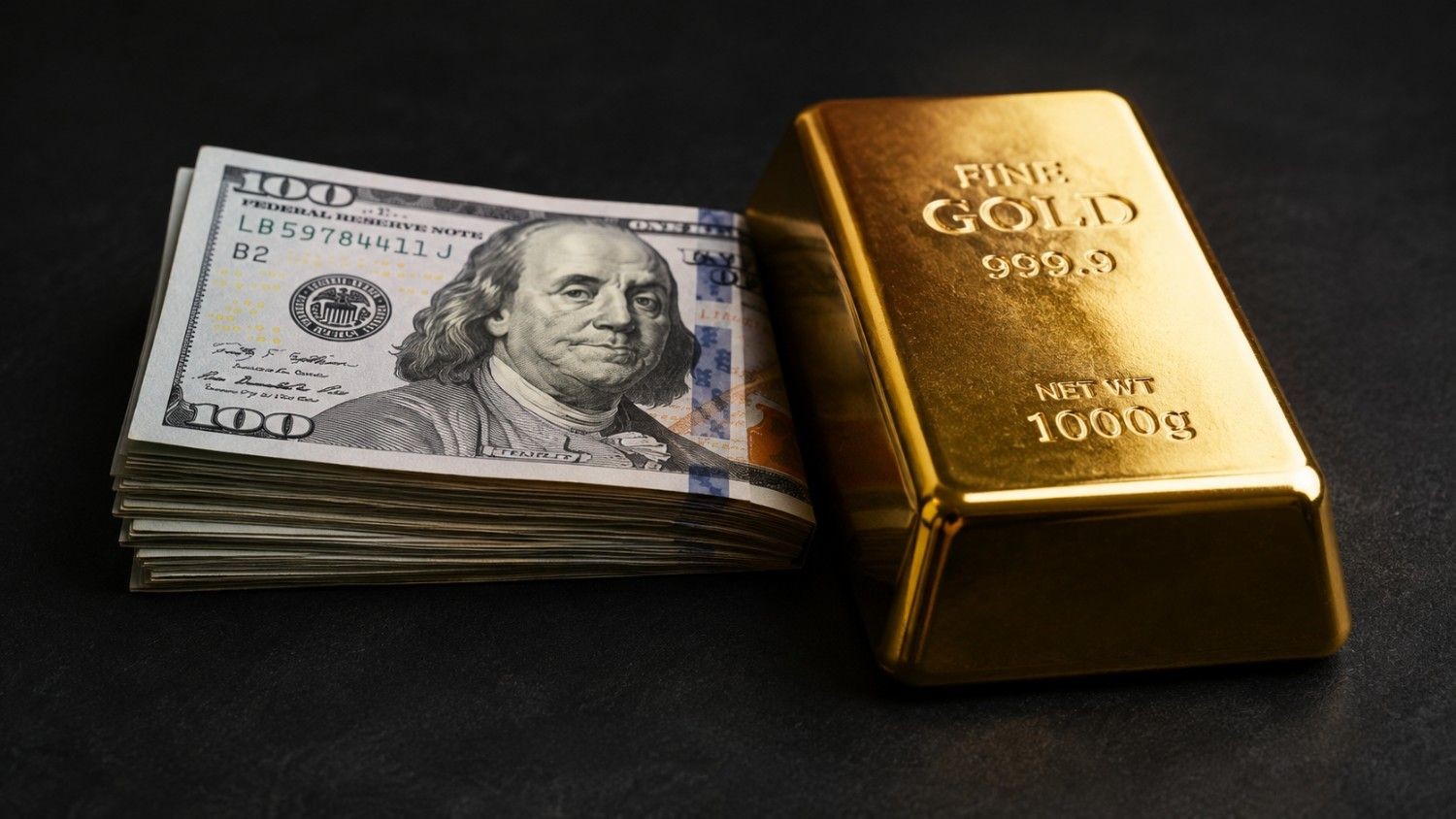 A gold bar and US dollars side by side, illustrating the inverse relationship between gold prices and the US dollar