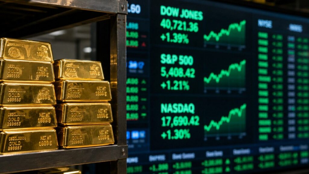 Gold bars stacked on a metal rack in the foreground while stock market screens show the Dow Jones, S&P 500, and Nasdaq climbing — illustrating why gold is going up today even as equities hit record highs.
