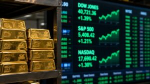 Gold bars stacked on a metal rack in the foreground while stock market screens show the Dow Jones, S&P 500, and Nasdaq climbing — illustrating why gold is going up today even as equities hit record highs.