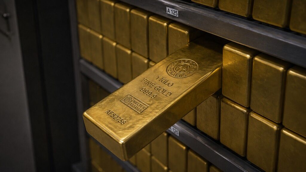 A 1-kilo fine gold bar stamped 999.9 purity being pulled from a vault rack stacked with identical bars, illustrating why gold is so expensive — extreme physical scarcity and institutional storage at scale.