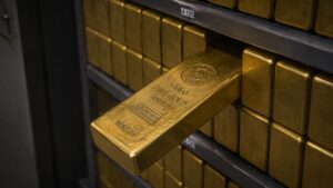 A 1-kilo fine gold bar stamped 999.9 purity being pulled from a vault rack stacked with identical bars, illustrating why gold is so expensive — extreme physical scarcity and institutional storage at scale.
