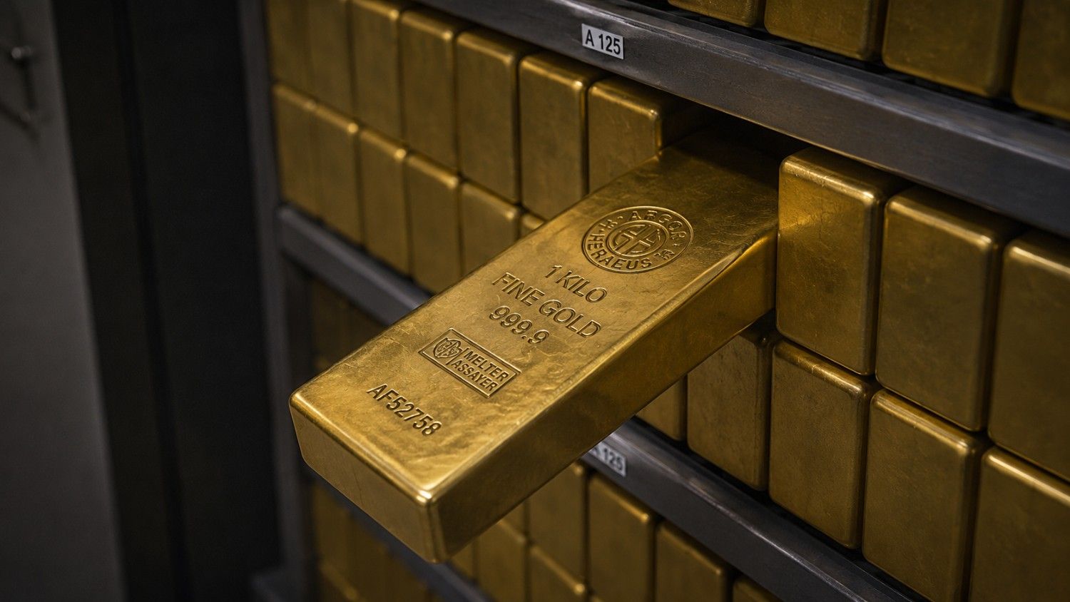 A 1-kilo fine gold bar stamped 999.9 purity being pulled from a vault rack stacked with identical bars, illustrating why gold is so expensive — extreme physical scarcity and institutional storage at scale.