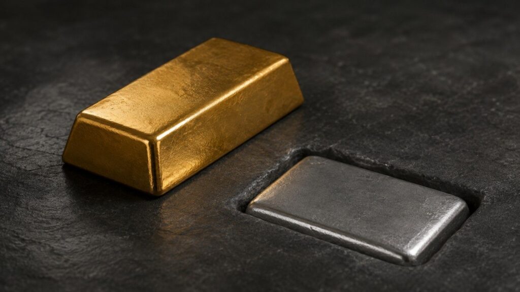 Gold bar standing tall beside a silver bar sunk into a dark stone surface — illustrating why silver is falling harder than gold as Fed rate hike expectations rise, June 2026