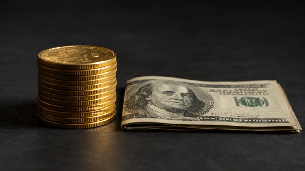 Gold coins stacked next to a US dollar bill — why the 10-5-3 rule fails gold and silver investors