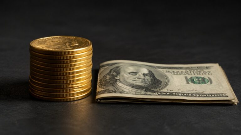 Gold coins stacked next to a US dollar bill — why the 10-5-3 rule fails gold and silver investors