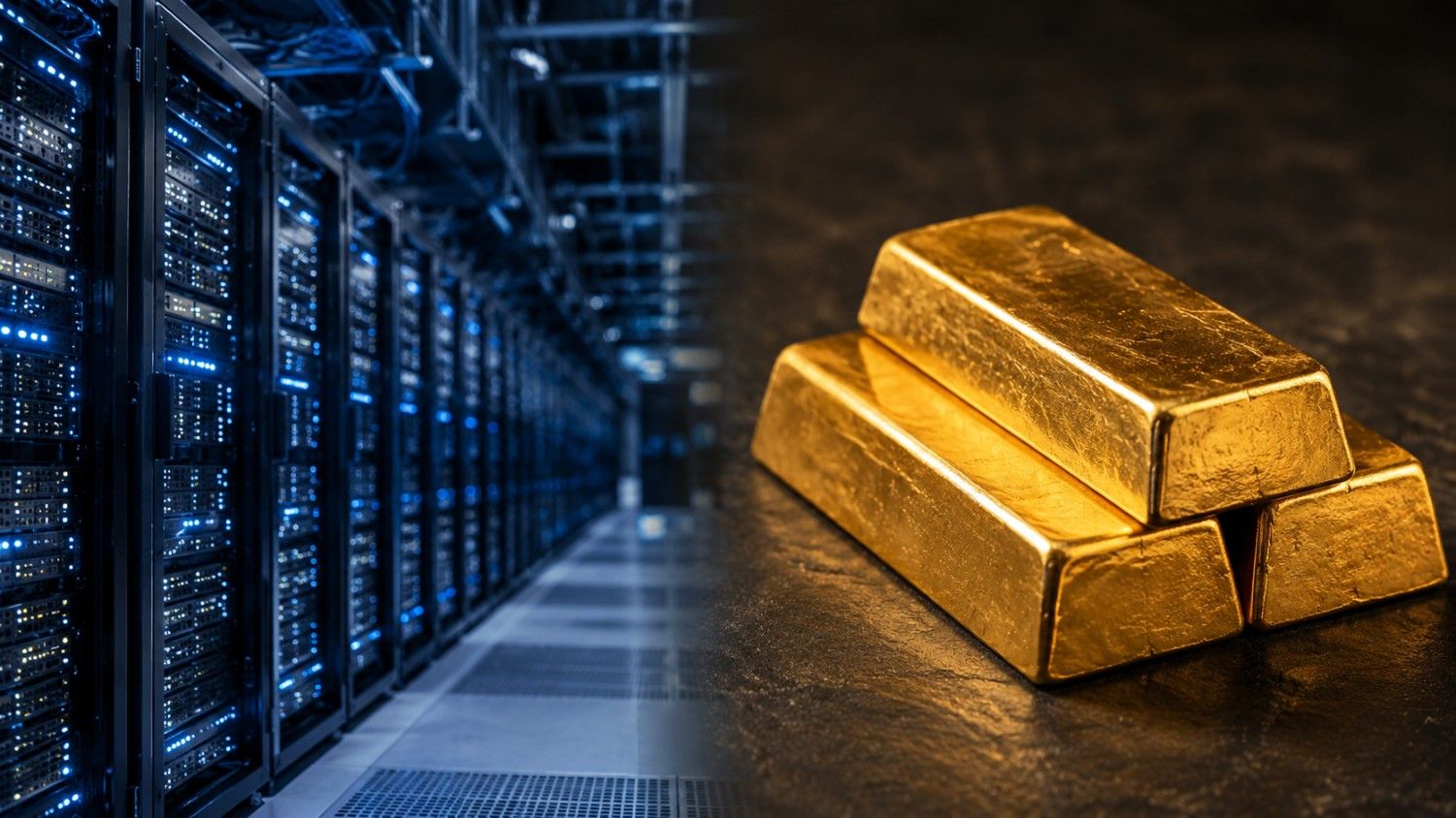 AI data center server racks alongside stacked gold bars, illustrating how AI-driven inflation concerns affect the gold price outlook in 2026