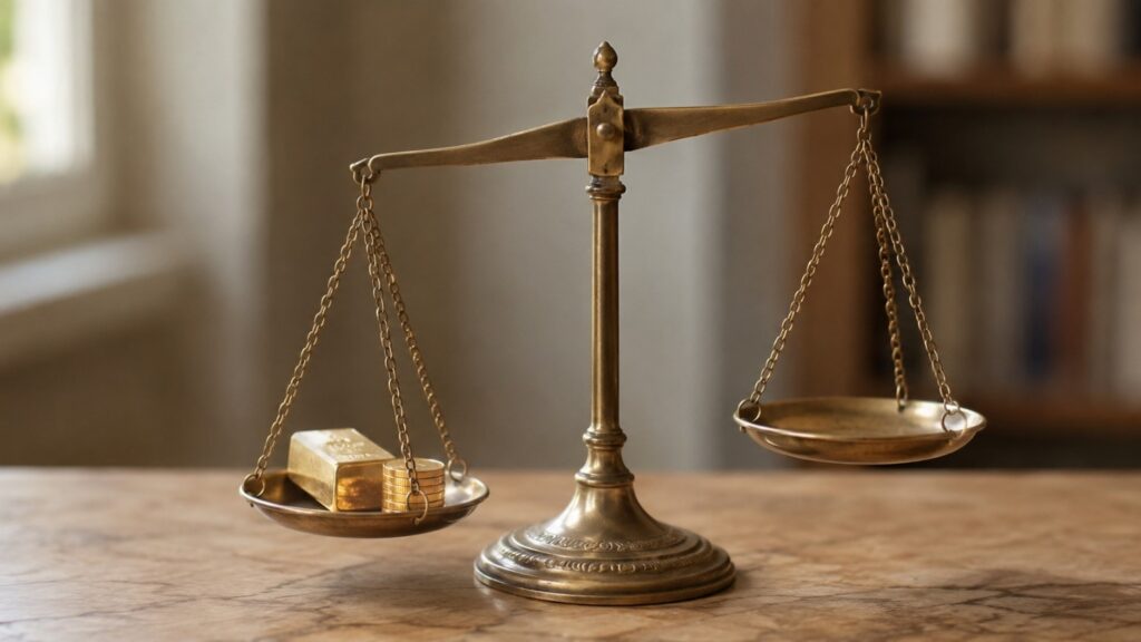 A vintage brass balance scale with gold on one pan, illustrating the Dow to gold ratio as a measure of real value between stocks and hard money.