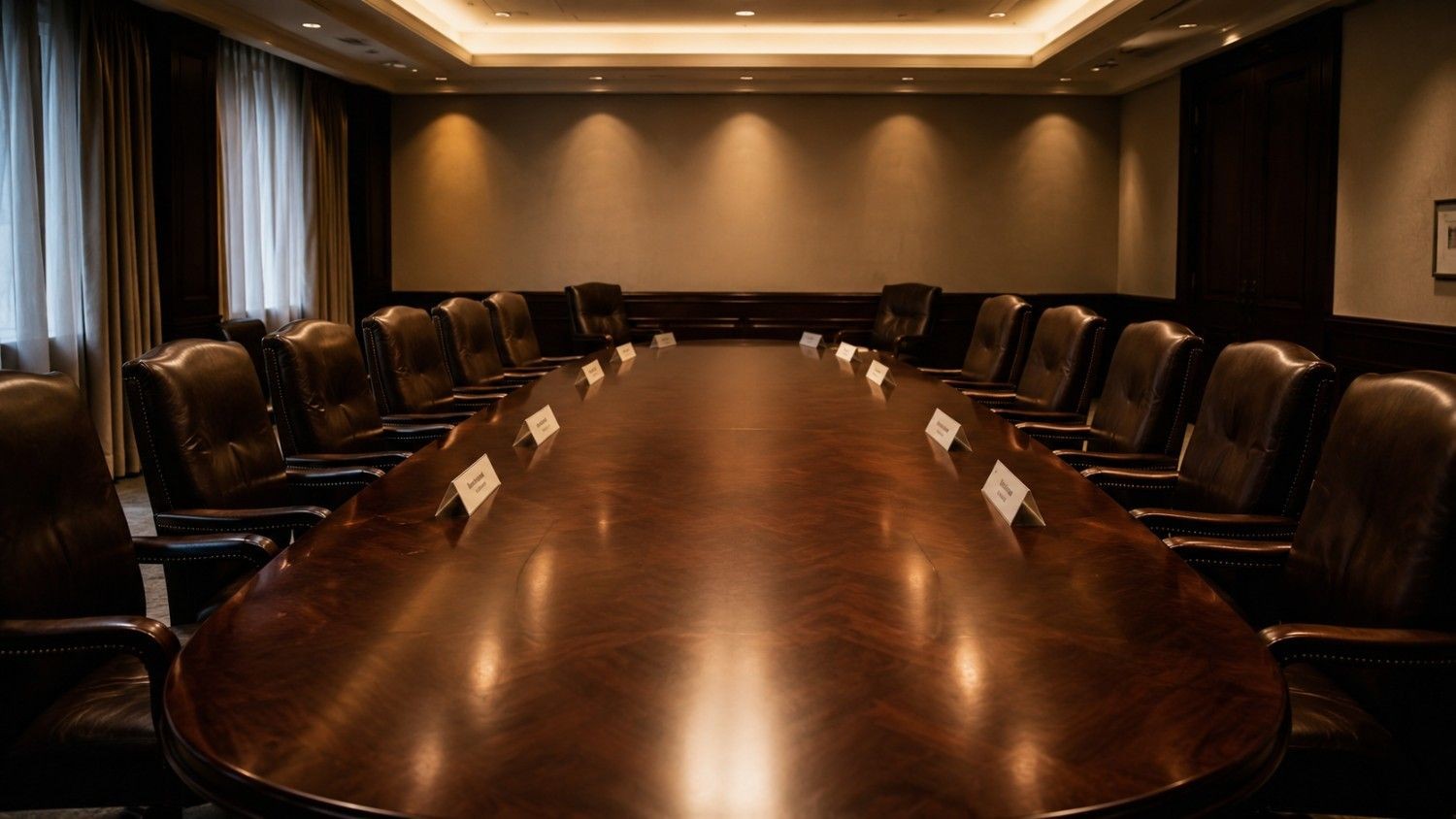 Empty Federal Reserve boardroom with twelve leather chairs around a polished oval table — FOMC vote split gold