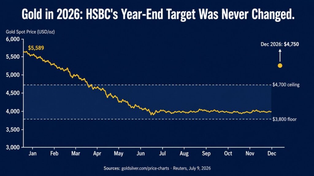 Line chart showing gold spot price declining from $5,589 in January 2026 to near $4,000 by mid-year, with HSBC's forecast range of $3,800 to $4,700 marked by dashed lines and a year-end target of $4,750 annotated above the range ceiling