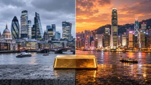 Hong Kong gold clearing system launch — London City skyline at dusk on the left and Hong Kong Victoria Harbour at sunset on the right, with a gold bullion bar at the center where the two financial capitals meet.