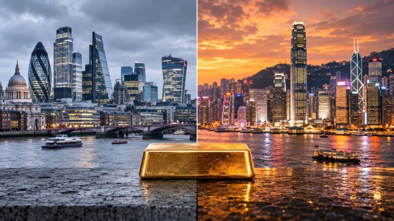 Hong Kong gold clearing system launch — London City skyline at dusk on the left and Hong Kong Victoria Harbour at sunset on the right, with a gold bullion bar at the center where the two financial capitals meet.